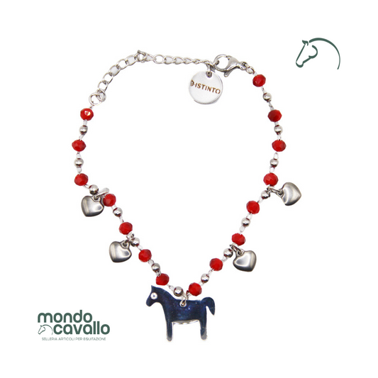 Braccialetto con cavallino pendente perline di colore blu o rosso