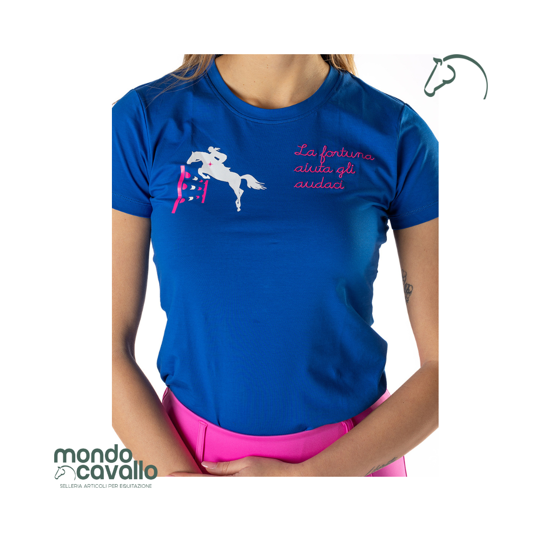 T-shirt Distinto tessuto elasticizzato colore blu royal con ricamo la fortuna aiuta gli audaci