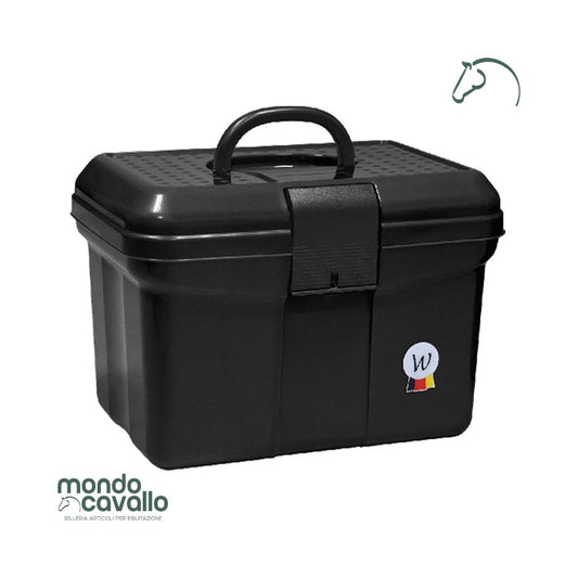 valigetta porta kit di pulizia in plastica robusta con chiusura e maniglia per trasportarlo. scompartimenti interni per tenere tutto in ordine.