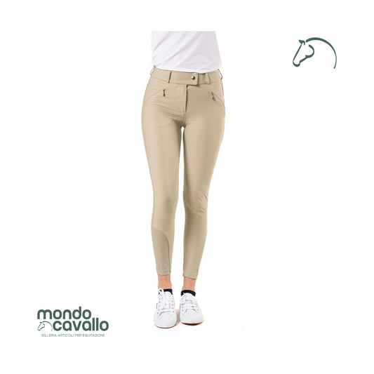 Pantaloni donna in tessuto tecnico colore beige con grip al ginocchio