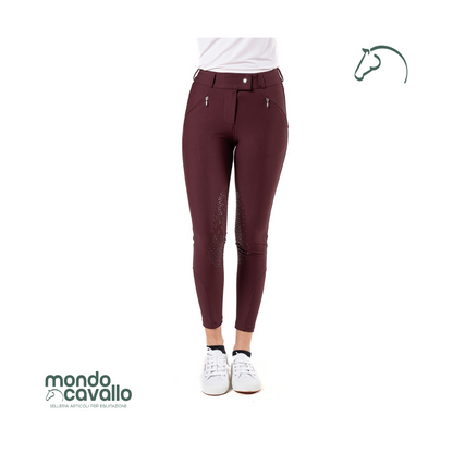 Pantaloni donna in tessuto tecnico colore bordeaux con grip al ginocchio