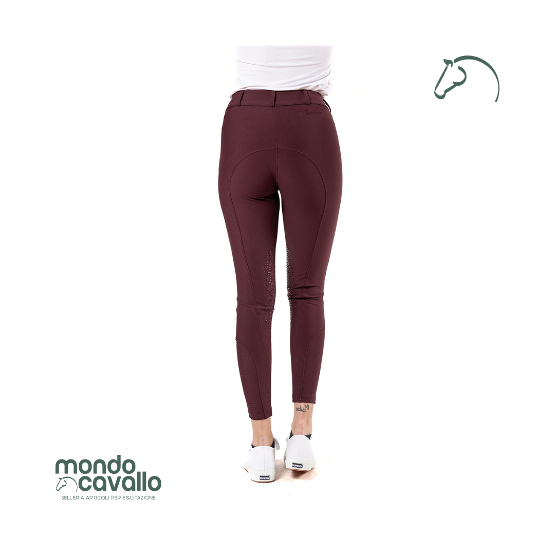 Pantaloni donna in tessuto tecnico colore bordeaux con grip al ginocchio
