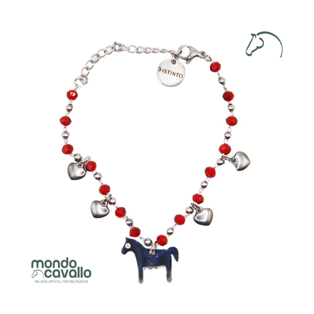 Braccialetto con cavallino pendente perline di colore blu o rosso 