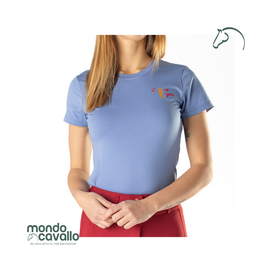 T-shirt Distinto tessuto elasticizzato colore azzurro con ricamo love you