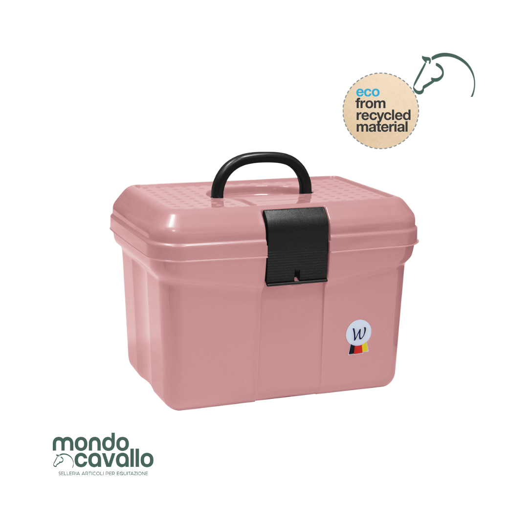 valigetta porta kit di pulizia in plastica robusta con chiusura e maniglia per trasportarlo. scompartimenti interni per tenere tutto in ordine.